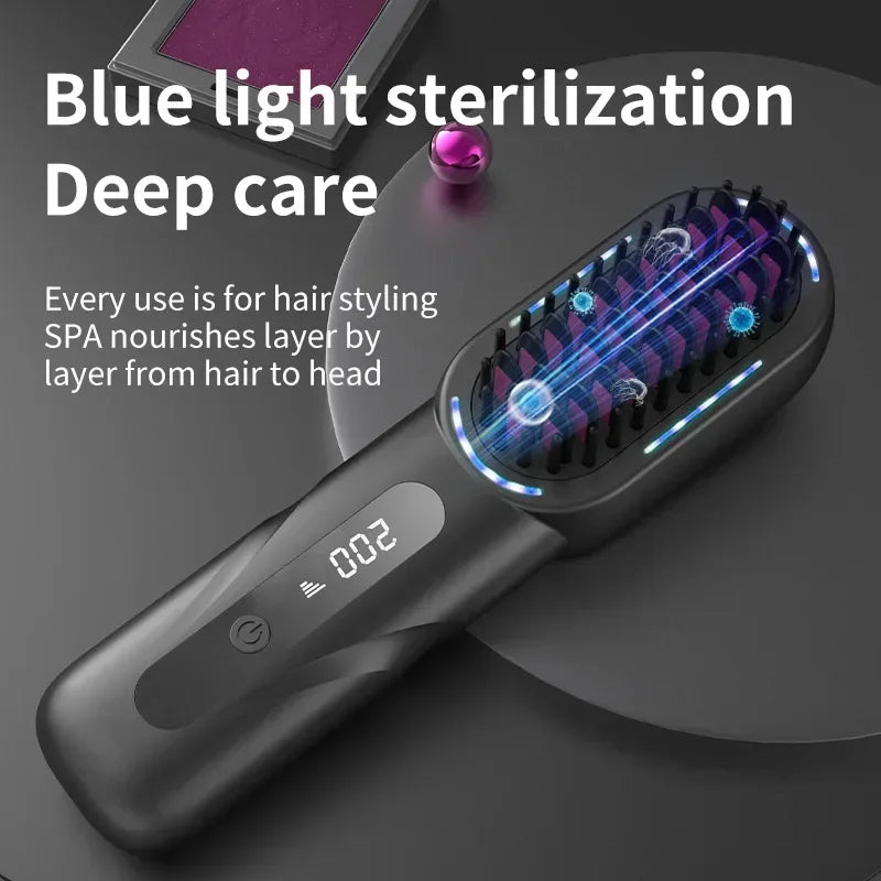 Brosse à cheveux électrique sans fil lissante, chauffante aux ions négatifs
