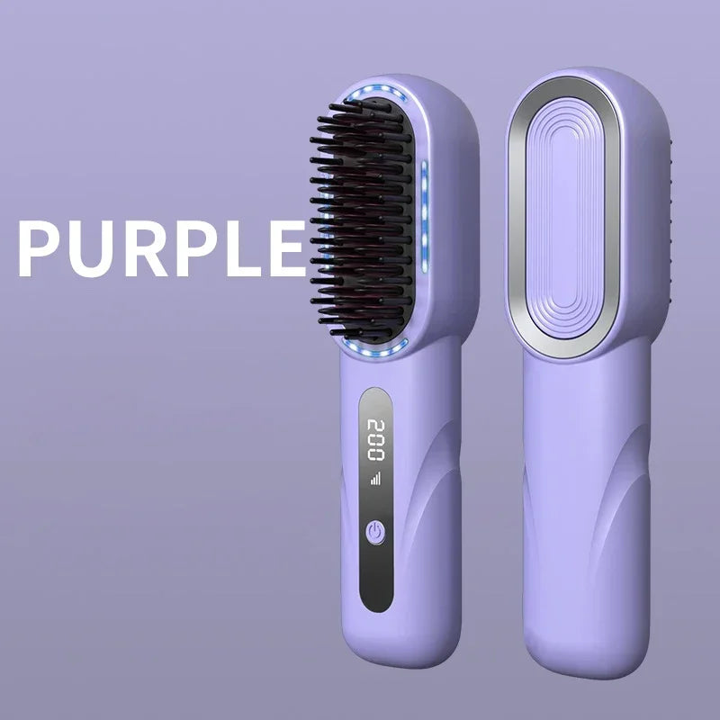 Brosse à cheveux électrique sans fil lissante, chauffante aux ions négatifs