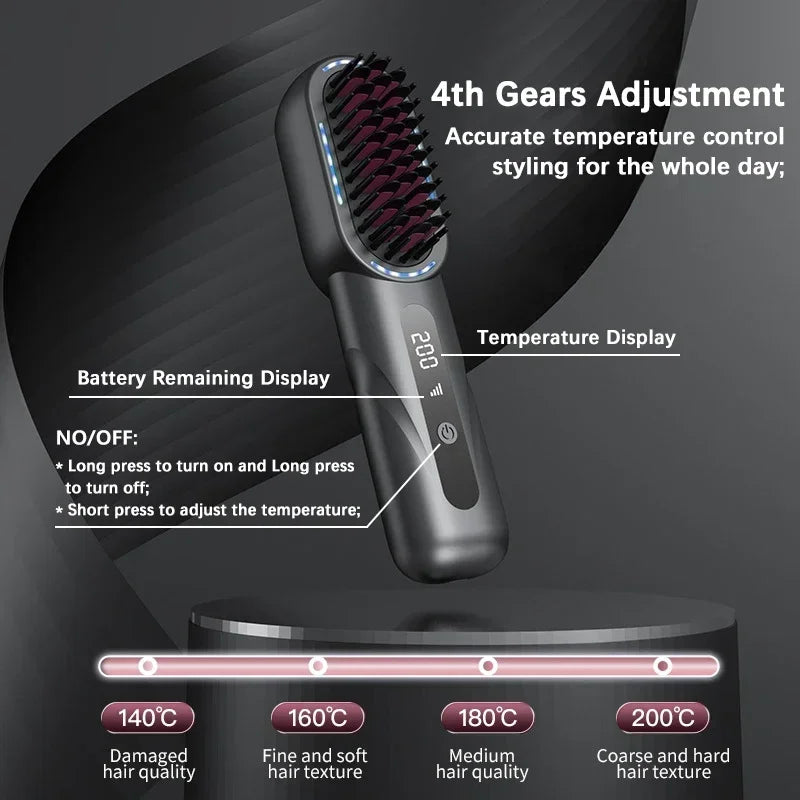 Brosse à cheveux électrique sans fil lissante, chauffante aux ions négatifs