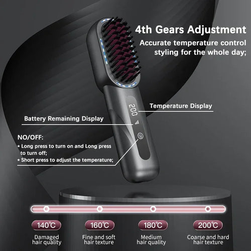 Brosse à cheveux électrique sans fil lissante, chauffante aux ions négatifs