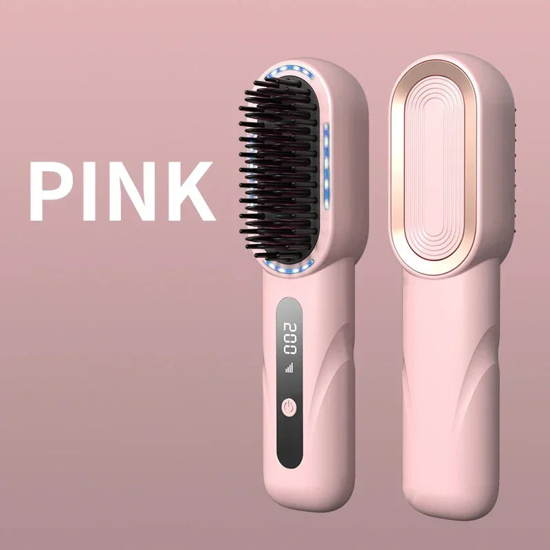 Brosse à cheveux électrique sans fil lissante, chauffante aux ions négatifs