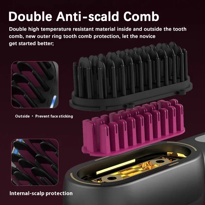 Brosse à cheveux électrique sans fil lissante, chauffante aux ions négatifs