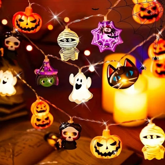 Guirlande Lumineuse Halloween 8 Motifs - Citrouille Fantome Sorciere Chat
